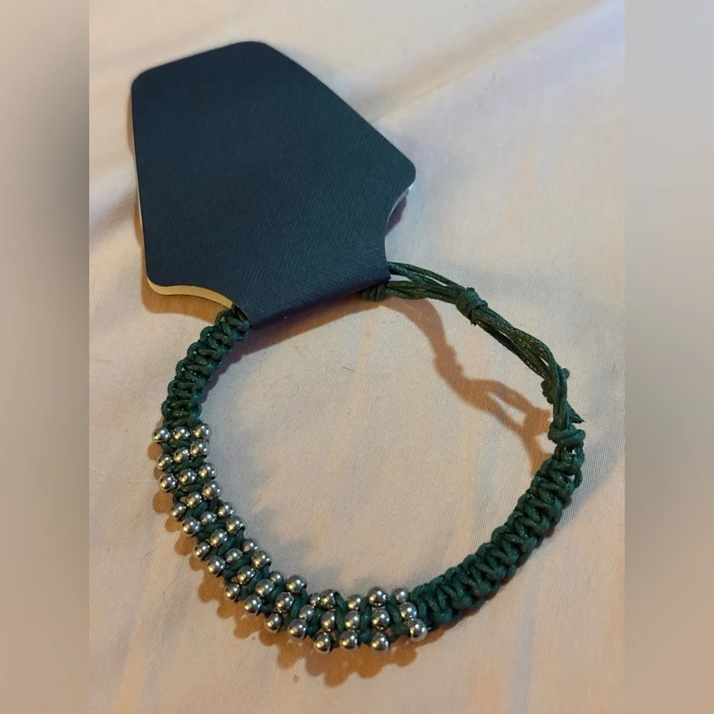 Green Braided Bracelet with Silver Beads